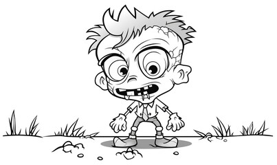 Coloring book page for kids of a cute kid zombie.