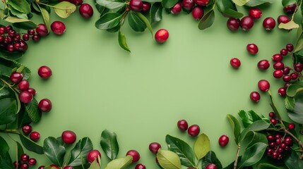 Poster - Fresh red cherries with green leaves arranged on a bright green background with copy space.