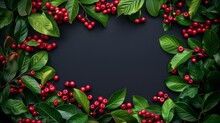 Vibrant Red Berries With Lush Green Leaves Framing A Dark Grey Background, Ideal For Copy Space.