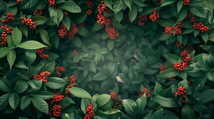 Canvas Print - A dense display of green leaves and vibrant red berries, filling the entire frame.