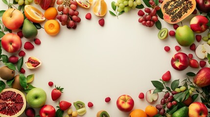 Wall Mural - Colorful array of fresh fruits artistically arranged around a central copy space.