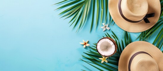 Canvas Print - Summer-themed arrangement featuring tropical palm leaves, a sun hat, and a coconut set against a soft blue backdrop. Depicting the essence of summer with a flat lay presentation, top view,