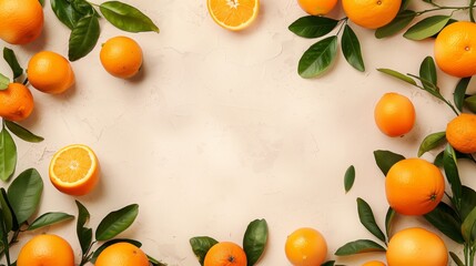 Canvas Print - Fresh whole and sliced oranges with green leaves arranged on a textured beige background.