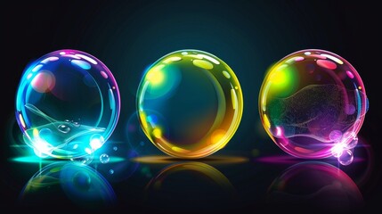 Poster - The process of creating soap bubbles is depicted in this modern illustration, representing realistic transparent spheres exploding, with reflections, highlighted and isolated on a black background.