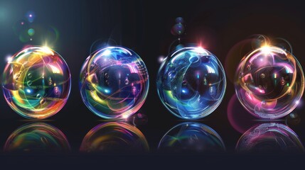 Poster - A realistic transparent exploding air sphere with reflections and highlights of rainbow colors, isolated on a black background, representing the process stage of bursting soap bubbles