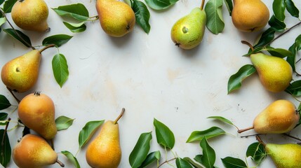 Wall Mural - Fresh pears with leaves evenly spaced on a textured white background, ideal for food themes.