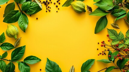 Canvas Print - Vibrant yellow background with scattered green leaves, lemons, and small red berries, ideal for banners.