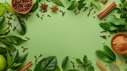 Poster - Assorted fresh green herbs and spices arranged on a green background with ample copy space.