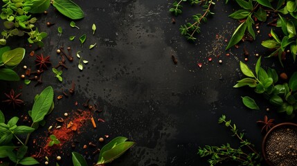 Poster - Assortment of fresh herbs and spices scattered on a dark textured background with copy space.