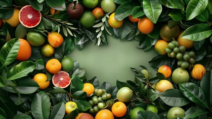 Sticker - Colorful citrus fruits and tropical fruits surrounded by lush green leaves, with a central green copy space.