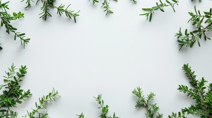 Wall Mural - A crisp white background framed by various fresh green herbs creating a natural border with ample copy space in the center.