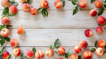 Canvas Print - Fresh peaches arranged on a rustic white wooden background, surrounded by green leaves.