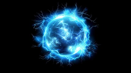Poster - Realistic 3D modern illustration showing power electrical discharge, lightning strike, impact place and plasma sphere.