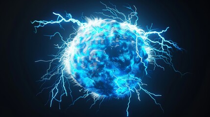 Poster - Isolated electric ball and lightning strike on black background. With plasma sphere and magical energy flash.