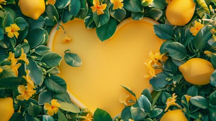 Sticker - Vibrant yellow lemons surrounded by lush green leaves and yellow flowers on a sunny background with space for text.