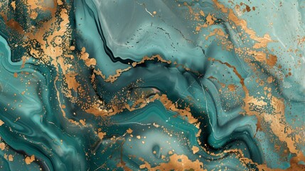 Wall Mural - Luxurious abstract art with swirling teal and gold marble patterns, creating a rich textured surface.