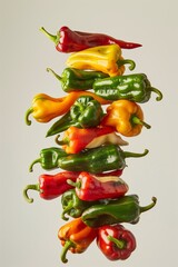 Sticker - A vertical stack of colorful bell peppers on a light background