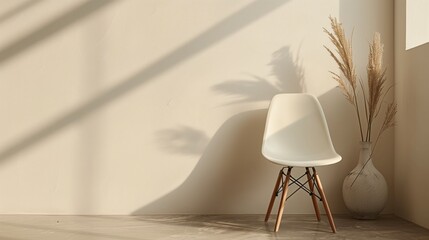 Wall Mural - Minimalistic interior scene with a modern chair and decorative dried plants vase in sunlight.