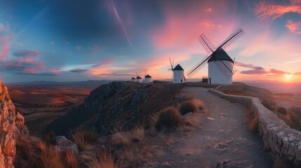 Canvas Print - Panoramic image of traditional white windmills on a hill at sunset with colorful sky.