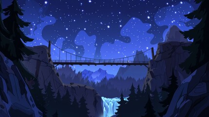 Wall Mural - This illustration features a log bridge between mountains edges over a cliff night time landscape, rock peaks, waterfalls, and forests under a starry sky. This is a magical portrait of nature with a