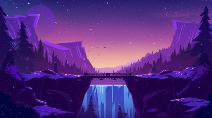 Wall Mural - In this cartoon modern illustration, an illustrated log bridge connects mountain edges into a night time landscape of rock peaks, waterfalls and trees under a starry sky.