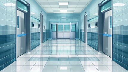 Wall Mural - Detailed modern interior of medical clinic, waiting area, lobby with double doors to laboratory. Modern realistic interior of a corridor with metal doors to a laboratory in a hospital room or