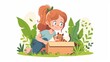 A happy little girl finds a kitten in a carton box. Animal adoption, rescue, custody, support, and love concept, modern illustration.