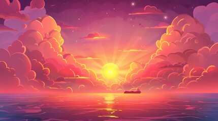 Wall Mural - A sunset in the ocean, a natural landscape background, colorful clouds in a warm orange sky, and the sun shining on a quiet sea surface above a tranquil shoreline. Cartoon modern illustration.