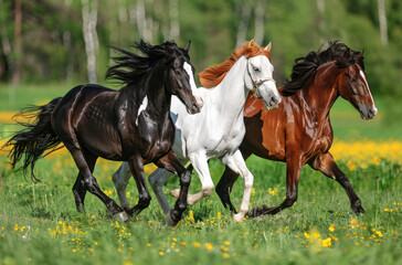 Wall Mural - Three horses of different colors run on the green flowers meadow in summer, with yellow flowers nearby.