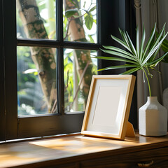 Wall Mural - photo frame with flowers and vase, wooden frame, near the window, sunlight