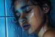 © J S - Sad Indian or Pakistani teenage girl crying in bath tub under shower with copy space, suffering from depression