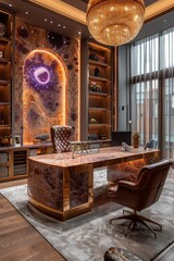 Wall Mural - Grand office design with marble and gold desk, luxurious leather chair, and advanced holographic technology. 