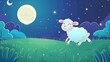 An adorable floating lamb in a sleep hat dances on a meadow under a starry sky with a full moon. Cute funny sheep character dreaming, nighttime dreaming scenery background on a modern web banner.