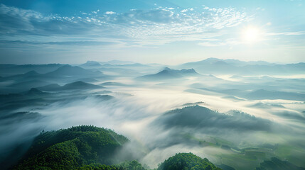 Sea of ​​mist, fresh and bright in the morning on a high mountain
