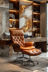 Wall Mural - Luxe executive workspace showcasing a marble and gold theme, luxurious leather chair, and advanced holographic technology.