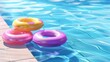 © Mark - Swimming pool with colorful inflatable rings floating on clean water surface over tiled floor, hotel, summer vacation background design, banner template realistic 3D modern illustration