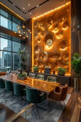 Wall Mural - Luxe office design with a marble and gold desk, luxurious leather chair, and futuristic holographic screens. 