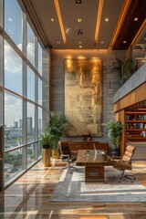 Wall Mural - Luxe office design with a marble and gold desk, luxurious leather chair, and futuristic holographic screens. 