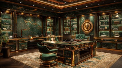 Opulent manager's office with gold and green color scheme, oak wood furnishings, and high-tech holographic displays. 