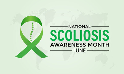 Wall Mural - Vector illustration on the theme of National Scoliosis awareness month observed each year in June. Green ribbon with human body design illustration. Banner poster, flyer and background design.
