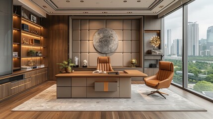 Wall Mural - Sophisticated office design featuring gold accents, oak wood detailing, and tinted windows creating a luxurious ambiance.