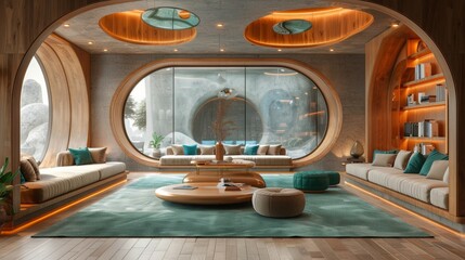 Sophisticated office design with gold and green color scheme, oak wood furnishings, and futuristic holographic displays.