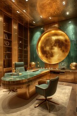 Wall Mural - Sumptuous manager's office featuring gold and green decor, oak wood elements, and modern holographic displays.