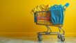 Detailed photograph of a shopping cart overflowing with baby clothes and nursery decor, isolated on a bright yellow background, symbolizing
