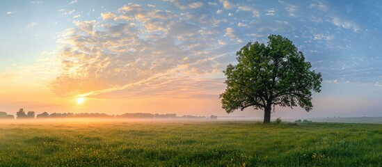 Wall Mural - Lonely tree in a field during sunset with sunlight and fog - panoramic view