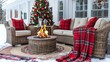 Set the scene for a cozy winter gathering with a roaring fire pit surrounded by plush seating, warm blankets, and