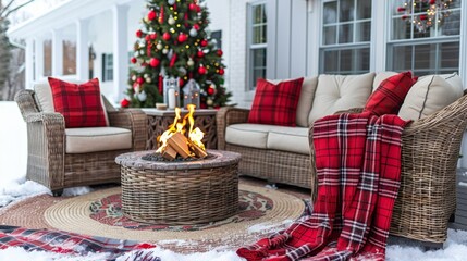 Poster - Set the scene for a cozy winter gathering with a roaring fire pit surrounded by plush seating, warm blankets, and