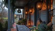 Hang modern metallic lanterns filled with twinkling fairy lights from your porch ceiling for a festive outdoor holiday display.