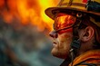 This powerful image captures a close-up of a firefighter's face, with intense flames reflected in his protective glasses, highlighting the bravery and focus of emergency responders.