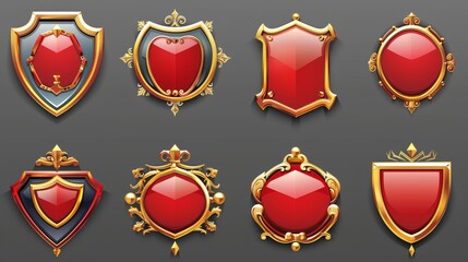 Poster - In this collection you will find medieval game menu interface badges, red UI frames, banners, gui elements. Royal buttons with ornate rims and glossy plaques. Cartoon modern borders for 2D games.